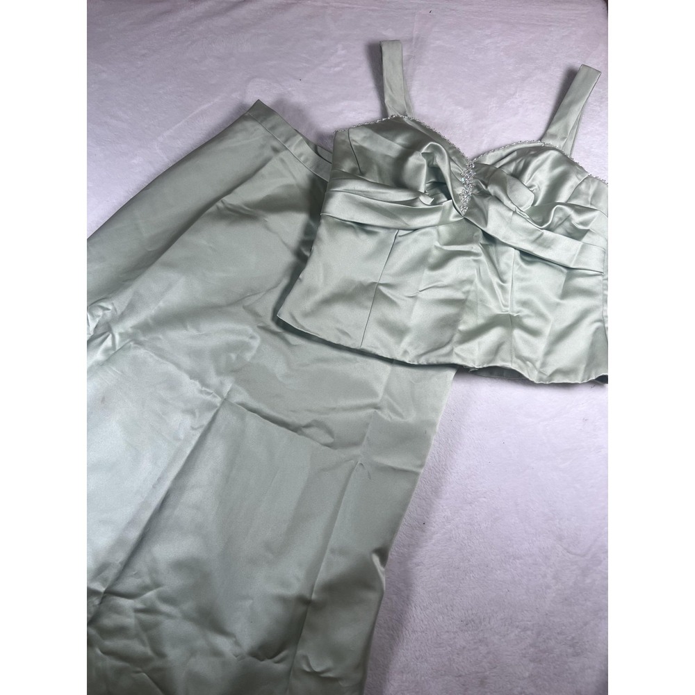 Impression Bridal Top Skirt‎ Set Womens 16 Green Satin Beaded Rhinestone Formal